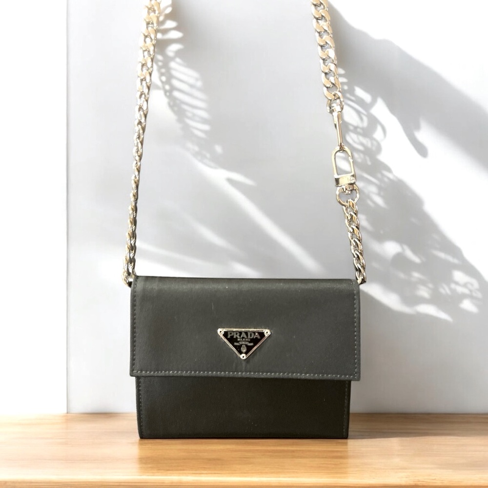 PRADA Tessato Black Nylon Tri-Fold Wallet & Chain, Crossbody